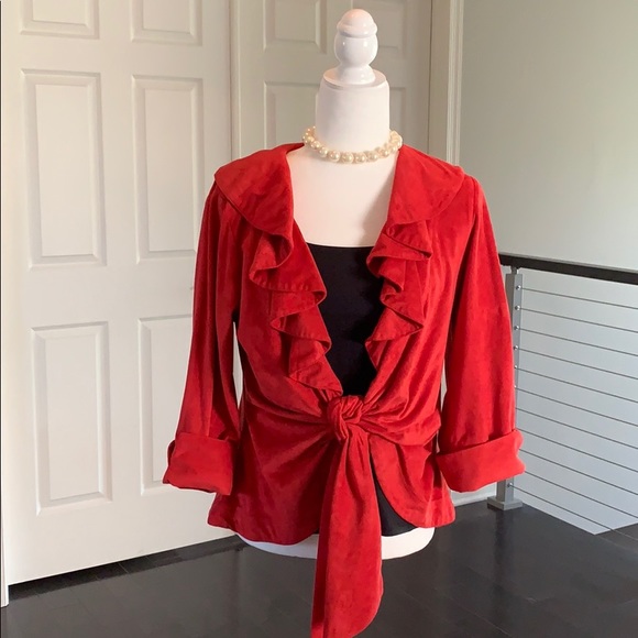 Mishca Red faux suede microfiber ruffle tie jacket - Picture 2 of 6